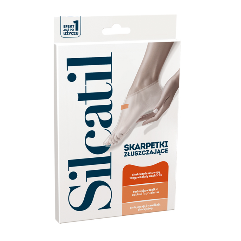 Silcatil Exfoliating Socks, designed for intense foot skin peeling, aiding in the removal of calluses and dead skin.