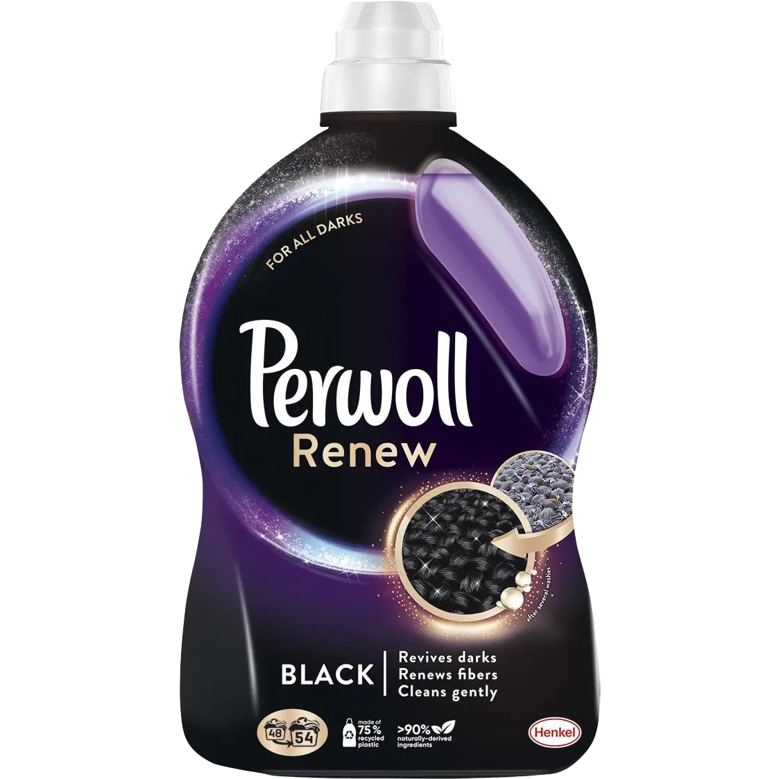 A bottle of Perwoll Renew Black Liquid Detergent for dark clothes, emphasizing fiber renewal and color protection.
