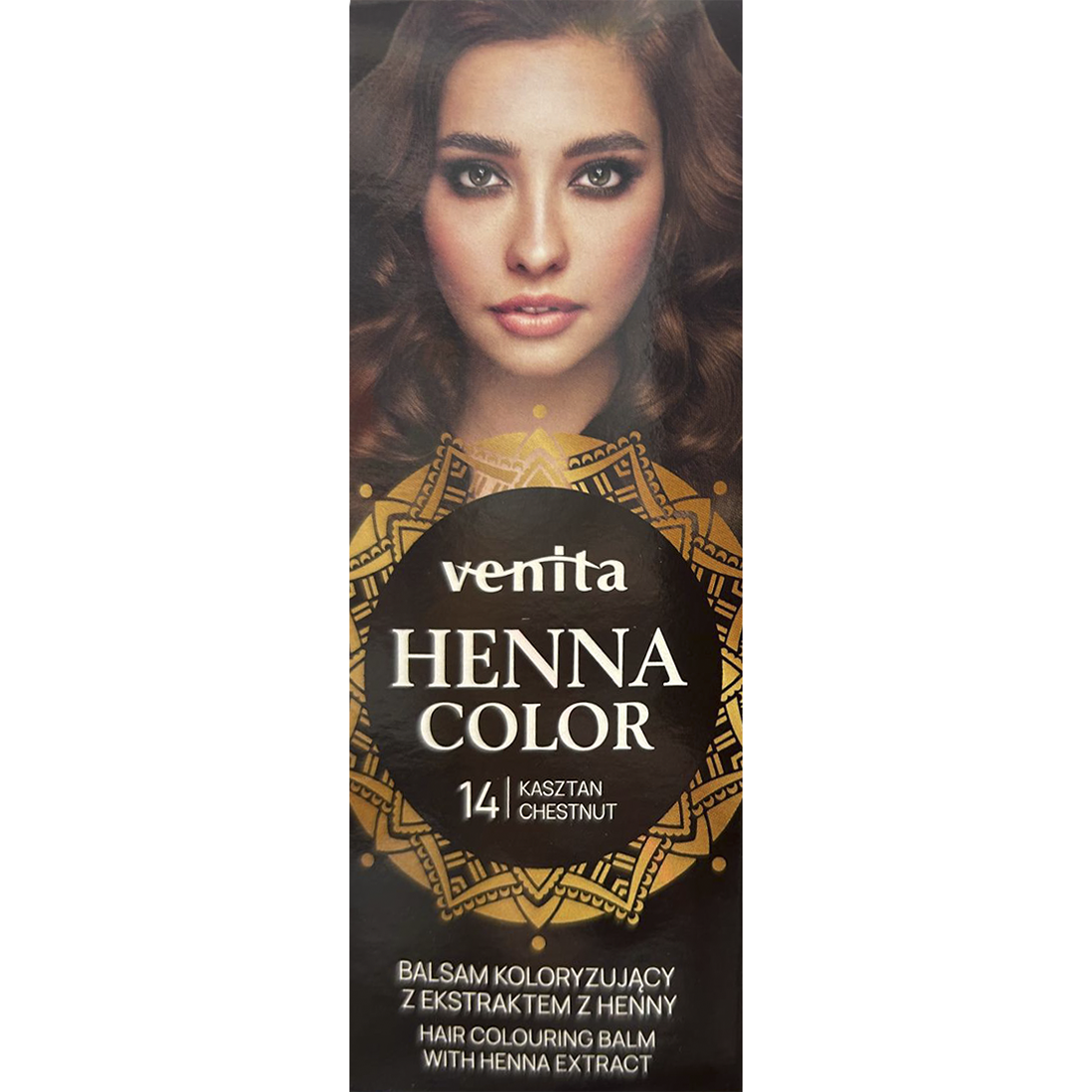 Box of Venita Henna Color Hair Colouring Balm in Chestnut with a woman's face and intricate gold patterns.