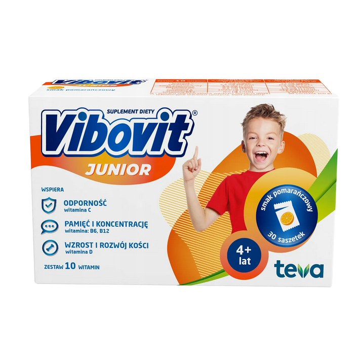 Vibovit Junior Orange 30 sachets box, dietary supplement for children aged 4+, featuring a child raising their hand with an orange-flavored label.