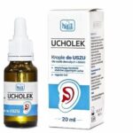 A bottle and box of Ucholek Ear Drops, a 20ml ear care solution for adults and children to relieve pain and inflammation.