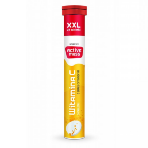 Tube of Active Muss Vitamin C Effervescent Tablets with lemon flavor, featuring XXL packaging and vibrant yellow design.