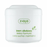 A jar of Ziaja Olive Cream with Light Formula, featuring a white container and green text emphasizing its vegan-friendly, hydrating properties.