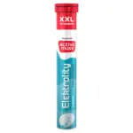 A tube of Active Muss Electrolyte Effervescent Tablets XXL, featuring a red cap and blue design, providing hydration and essential electrolytes.