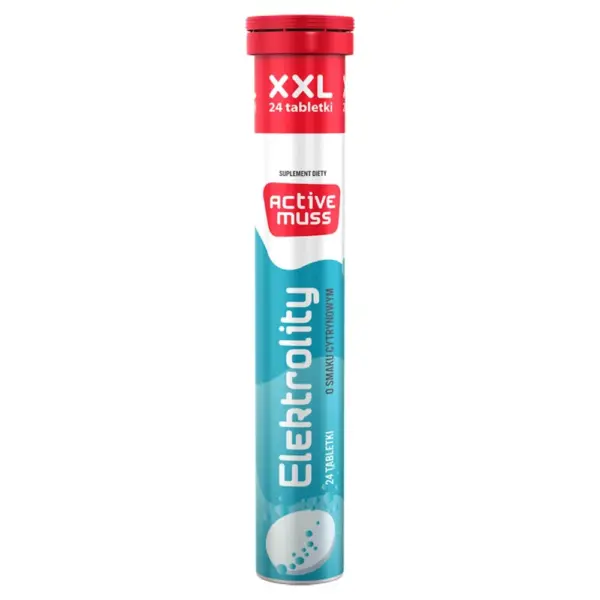 A tube of Active Muss Electrolyte Effervescent Tablets XXL, featuring a red cap and blue design, providing hydration and essential electrolytes.