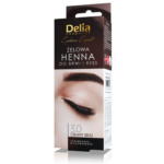 Delia Cosmetics Eyebrow Expert Gel Henna in Dark Brown packaging, featuring an image of defined eyebrows and lashes for a natural, salon-like finish.