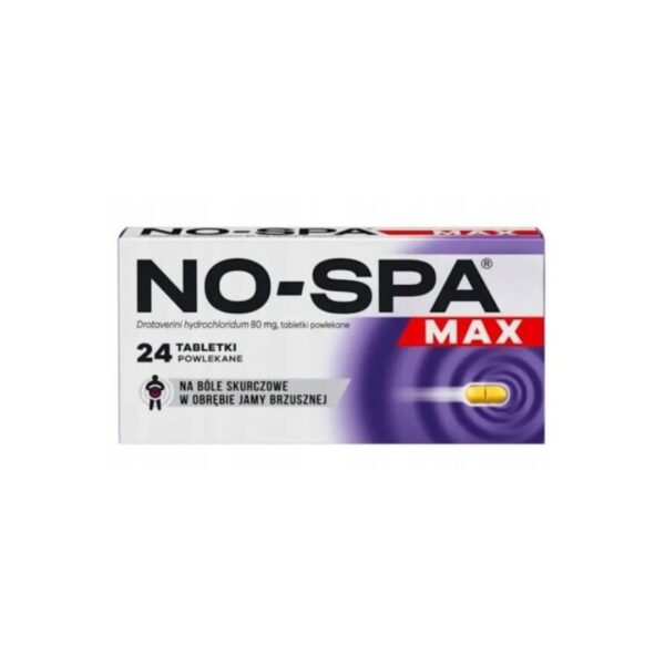 Box of No-Spa Max 80 mg tablets with 24 coated pills for abdominal cramp relief