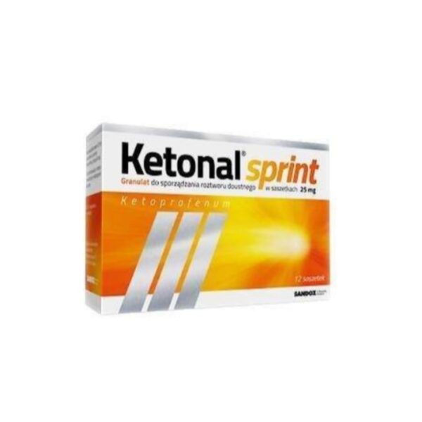 Box of Ketonal Sprint 25 mg oral granules with 12 sachets for pain and inflammation relief