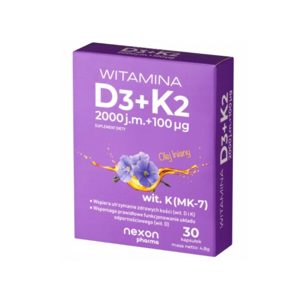 Purple box of Nexon Pharma Vitamin D3 + K2 supplement with 30 capsules, supports bones and immunity