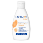 Bottle of Lactacyd Femina intimate hygiene emulsion for daily care and protection, labeled in Polish.