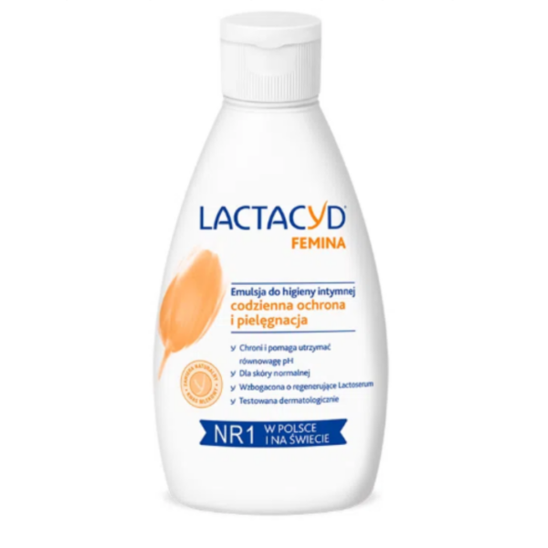 Bottle of Lactacyd Femina intimate hygiene emulsion for daily care and protection, labeled in Polish.