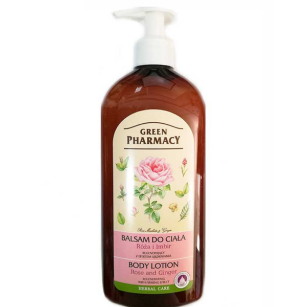Bottle of Green Pharmacy Body Lotion with Rose and Ginger – 500 ml pump dispenser featuring floral design