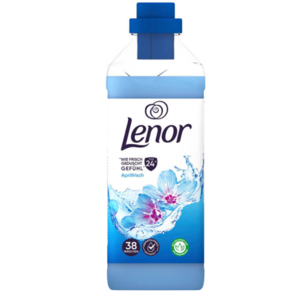 Lenor Aprilfrisch fabric softener bottle with blue cap and floral splash design, 38 washes 950 ml