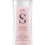 Bottle of Joanna Sensual Firming Body Lotion with silk proteins and vitamin complex, featuring a pink label on white packaging.