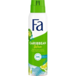 Fa Caribbean Wave Anti-Perspirant Spray in green and white bottle with tropical lemon and beach design