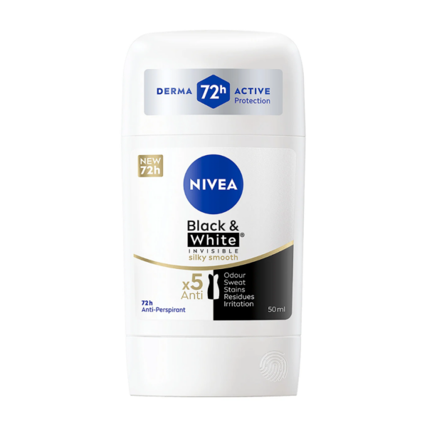 Nivea Black & White Invisible Silky Smooth Anti-Perspirant Stick with 72h protection in a white container