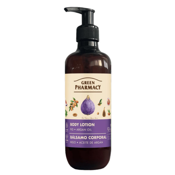 Green Pharmacy Fig & Argan Oil Body Lotion in a dark amber pump bottle with illustrated figs and argan nuts on the label.