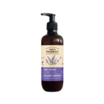 Green Pharmacy Lavender & Flax Oil Body Lotion in a dark amber pump bottle with lavender illustrations on the label.