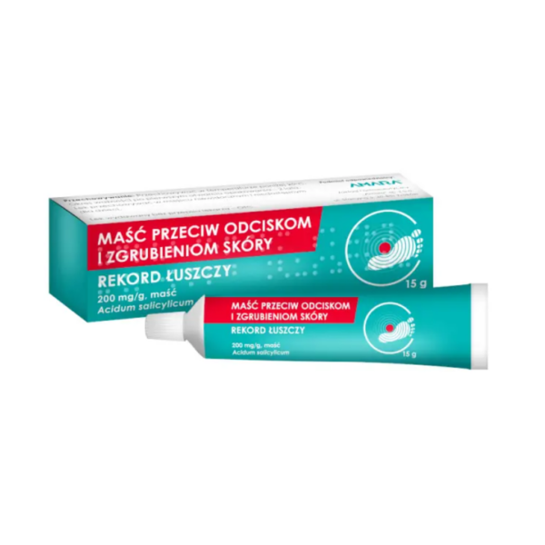 Tube and packaging of Rekord Łuszczy ointment for calluses and skin thickening, with red and teal labeling.