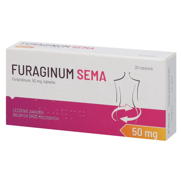 Box of Furaginum Sema 50 mg tablets with pink and white design, used for urinary tract infection treatment.
