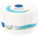 NIVEA Soft Moisturizing Cream jar with 48-hour hydration claim, enriched with Vitamin E and natural jojoba oil.
