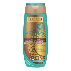 Perfecta I Love Bronze Tanning Oil Balm for dark complexions in a turquoise and bronze bottle with coffee and oil extract highlights.