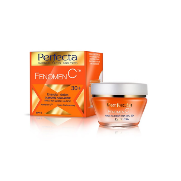 Perfecta Fenomen CTH 30+ Day and Night Cream in an orange jar with matching box, designed for hydration, detox, and skin radiance.