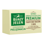 Box of Biały Jeleń Premium Dermatological Soap with linen, designed for daily care of sensitive skin.