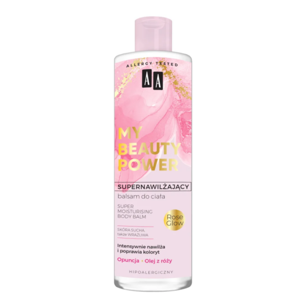 Bottle of AA My Beauty Power Super Moisturising Body Balm – Rose Glow for dry and sensitive skin