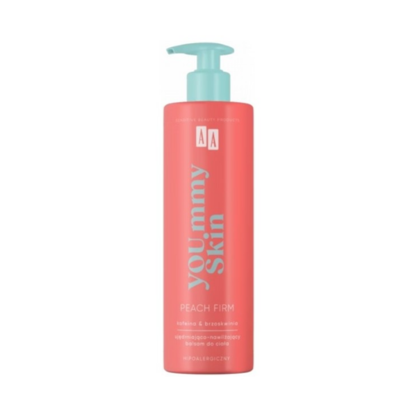 Coral bottle of AA Yoummy Skin Peach Firm Moisturising & Firming Body Balm with blue pump