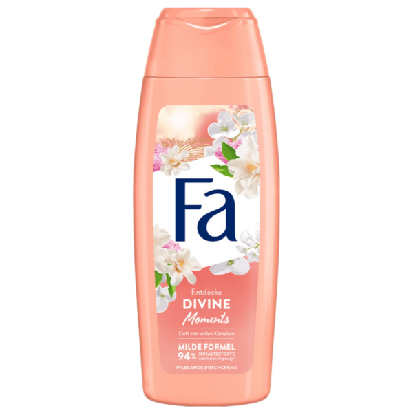 Peach-colored bottle of Fa Divine Moments Shower Cream with floral design and wild camellia scent