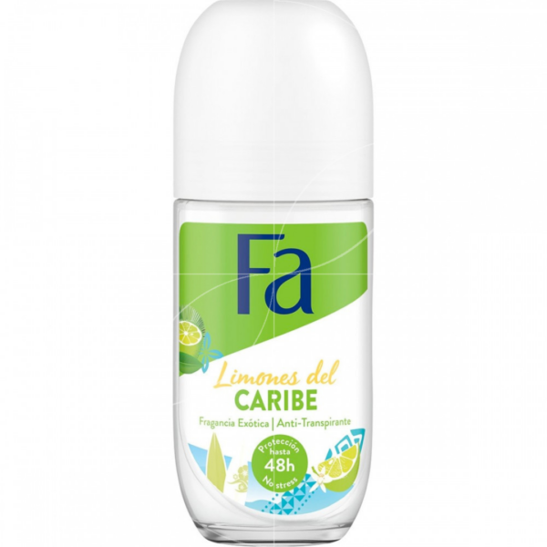 Fa Caribbean Lemon Anti-Perspirant Roll-On with green tropical design and citrus imagery