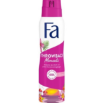 Fa Throwback Moments Deodorant Spray in a pink and white bottle with tropical sunset design