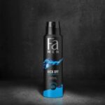 Fa Men Kick Off Deodorant & Bodyspray 48h in black and blue spray can against dark background.