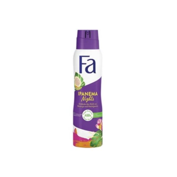 Fa Ipanema Nights Deodorant Spray 48h in purple and white packaging with tropical design.