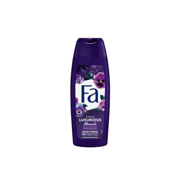 Fa Luxurious Moments Shower Cream in dark purple bottle with black violet flower design.