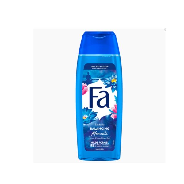 Fa Balancing Moments Shower Gel in blue bottle with lotus flower and sea salt design.