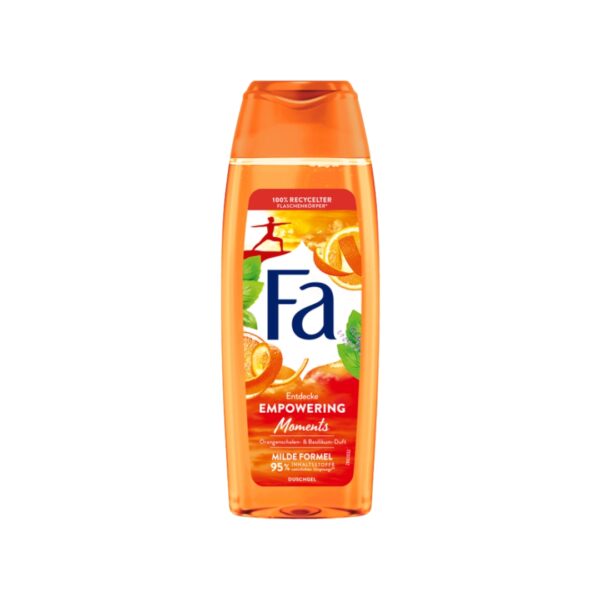Fa Empowering Moments Shower Gel in orange bottle with orange peel and basil design.