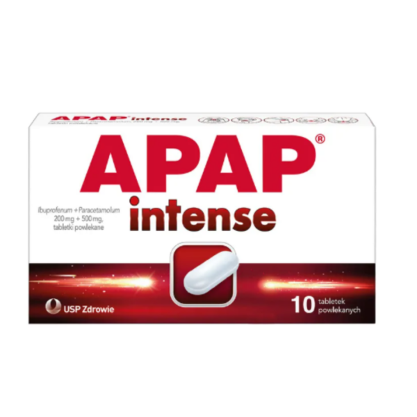 Box of APAP Intense pain relief tablets, 10 coated tablets with ibuprofen 200 mg and paracetamol 500 mg by USP Zdrowie.