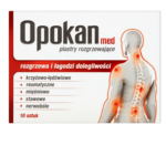 Opokan Med Warming Plaster with anatomical image showing pain relief zones on the human body.