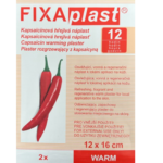 Packaging of FIXAplast Capsaicin Warming Plaster showing two chili peppers and multilingual product details.