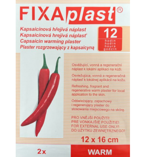 Packaging of FIXAplast Capsaicin Warming Plaster showing two chili peppers and multilingual product details.