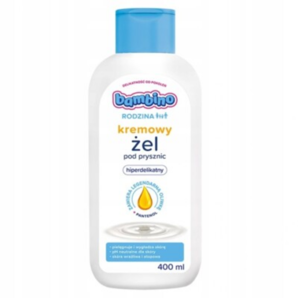 Bambino Rodzina Creamy Shower Gel bottle 400 ml with blue cap, designed for sensitive skin care with olive oil and panthenol.