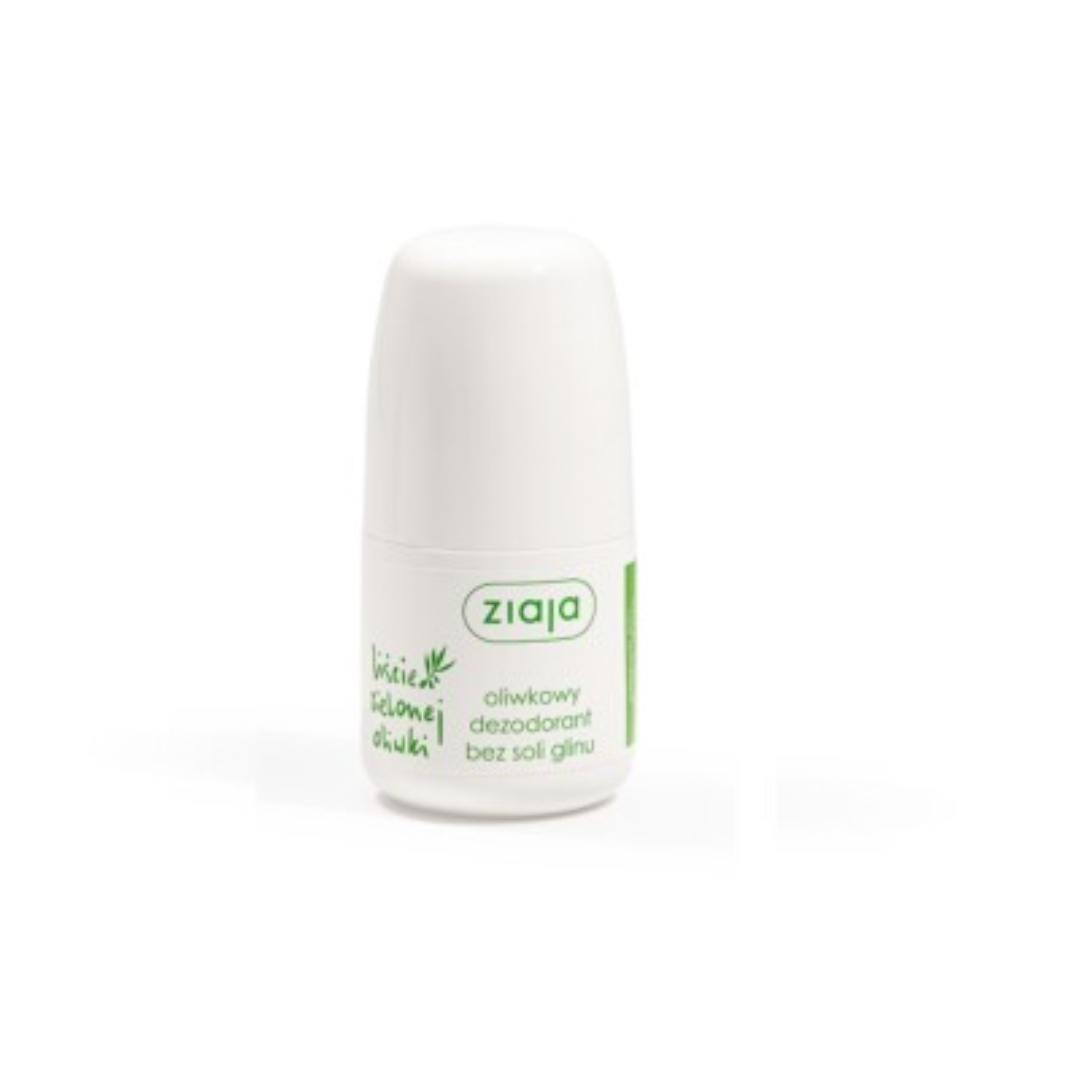 Ziaja olive deodorant roll-on in a white bottle with green label, aluminium salt-free formula.