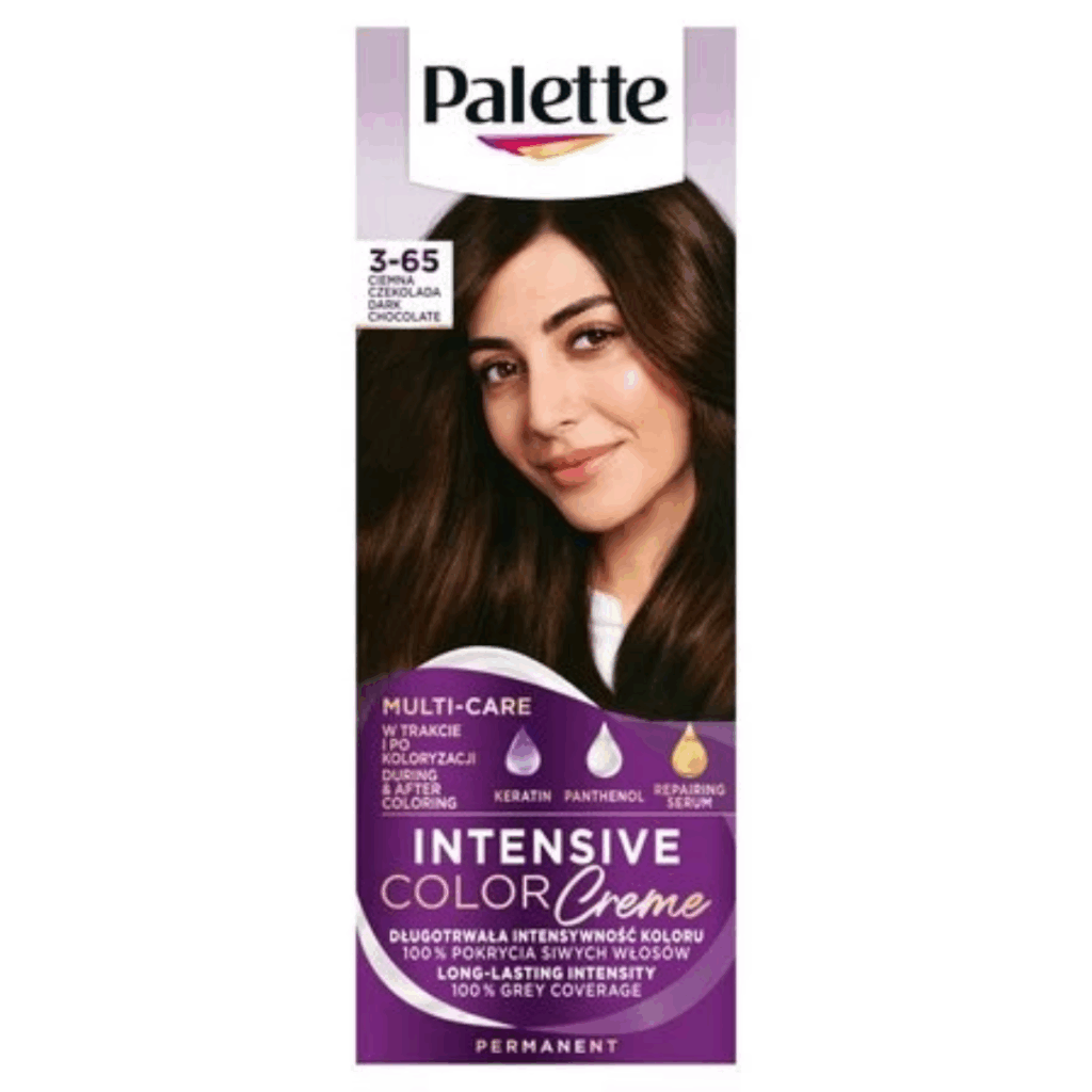 Box of Palette 3-65 Dark Chocolate hair dye featuring a woman with dark brown hair; highlights its care ingredients and 100% grey coverage.