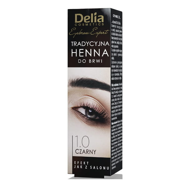 Delia Cosmetics Traditional Eyebrow Henna 1.0 Black – boxed brow tint cream with bold brow illustration.