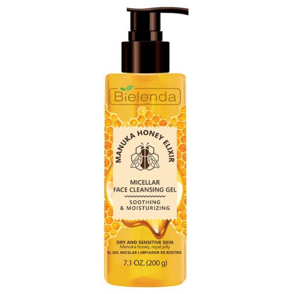 Bielenda Manuka Honey Elixir Micellar Face Cleansing Gel 200 g – soothing and moisturizing facial cleanser for dry and sensitive skin.
