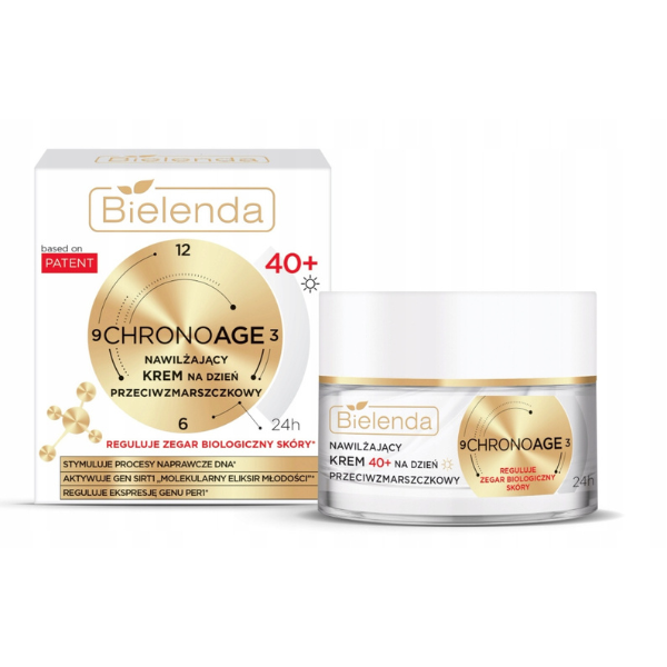 Bielenda Chrono Age 40+ Moisturising Anti-Wrinkle Day Cream 50 ml – skincare for mature skin with patented bio-rhythm regulation formula.