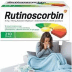 Box of Rutinoscorbin (210 tablets) – vitamin C and rutoside supplement – with a sick woman under a blanket blowing her nose, symbolizing cold or flu relief.