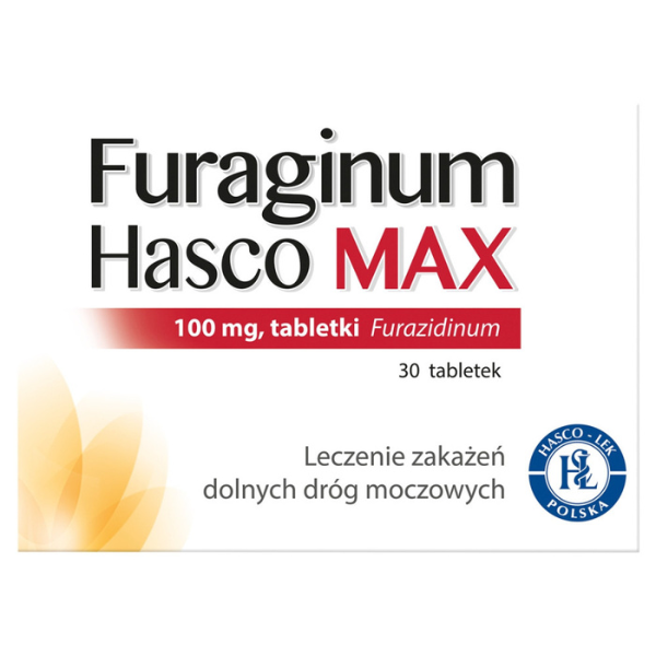 Box of Furaginum Hasco MAX 100 mg – 30 tablets for urinary tract infection treatment.